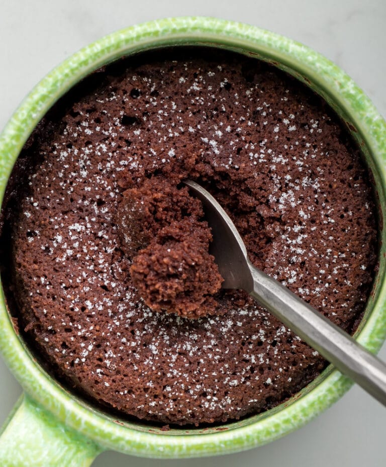 Chocolate keto mug cake in a mug