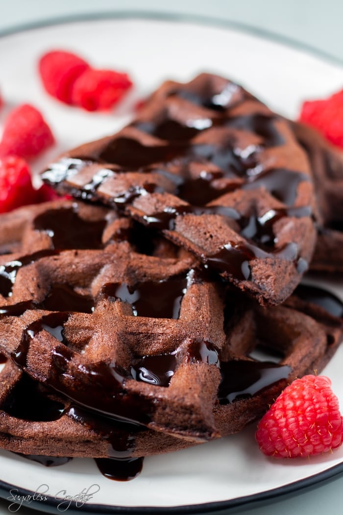 chocolate keto waffles with cream cheese and chocolate sauce