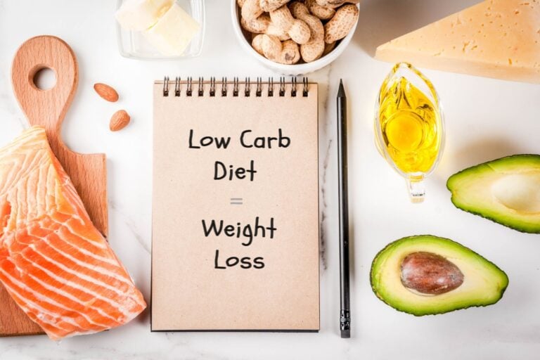 low carb diets equal weight loss concept next to healthy foods like avocado and salmon