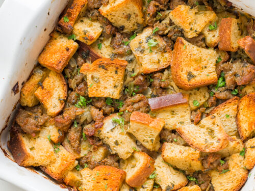 Keto stuffing in a casserole dish