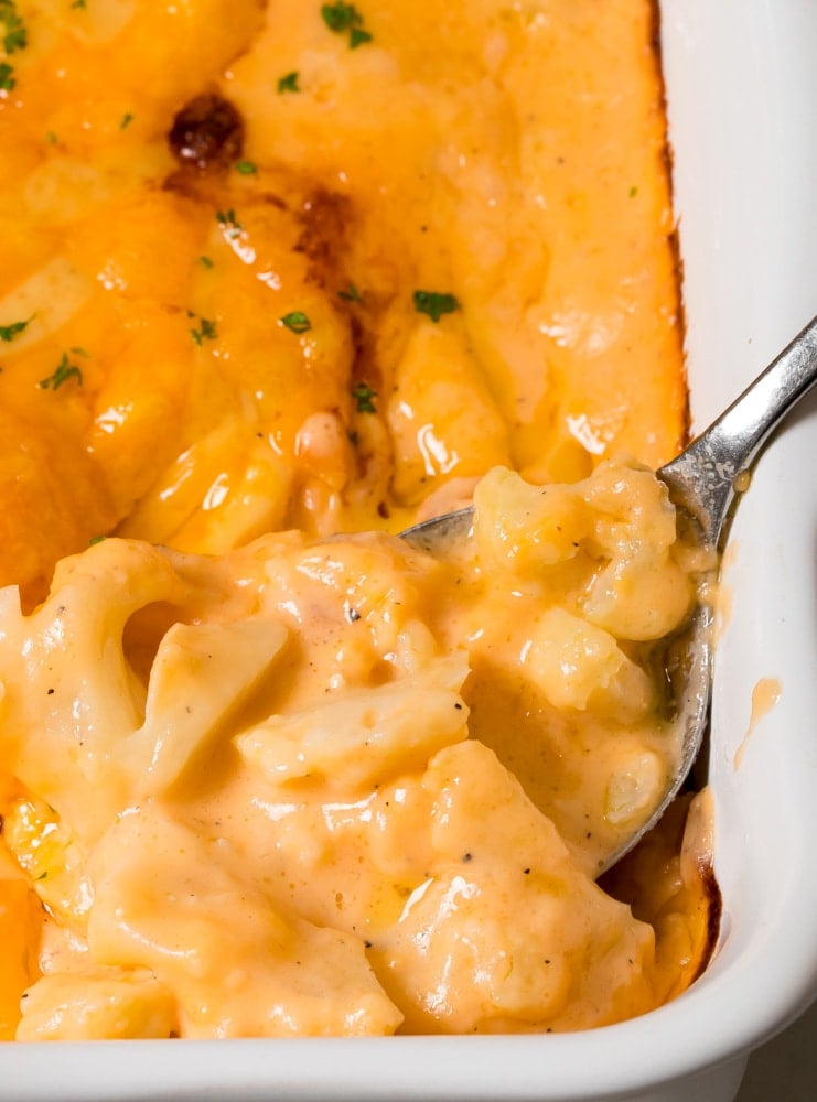 keto Mac and cheese with cauliflower in a baking dish