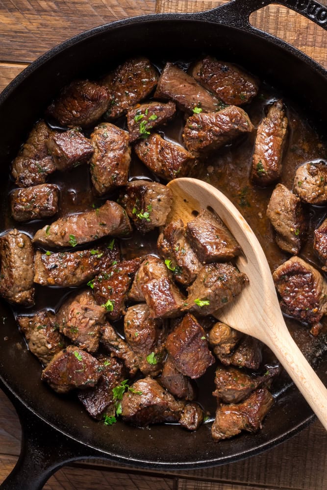 Skillet Steak Bites With Garlic Butter Sauce 2 Steak bites with garlic butter sauce