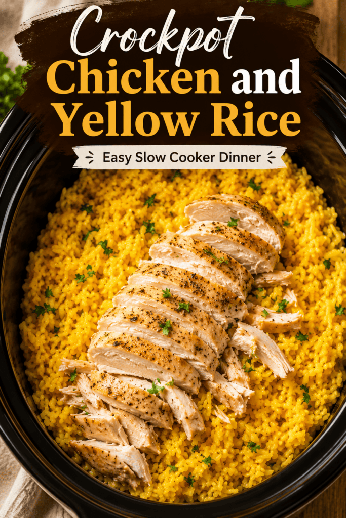 Crockpot chicken and yellow rice with tender sliced chicken
