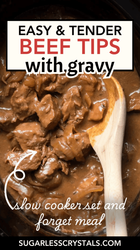 Pinterest graphic for crockpot beef tips and gravy showing tender beef and onions in thick brown gravy with a wooden spoon.