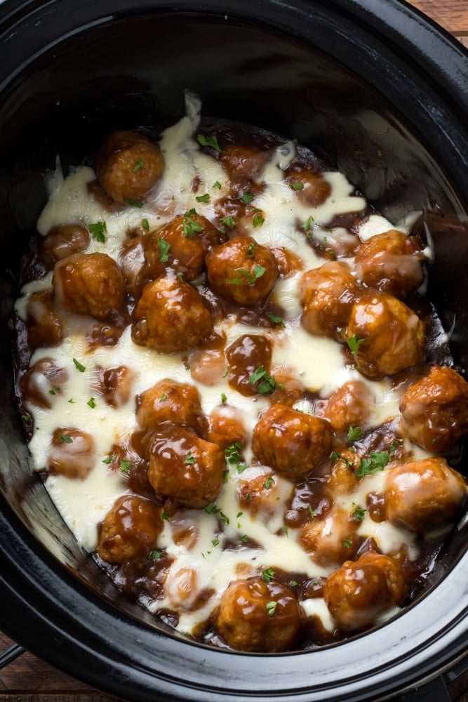 crockpot French onion meatballs in slow cooker