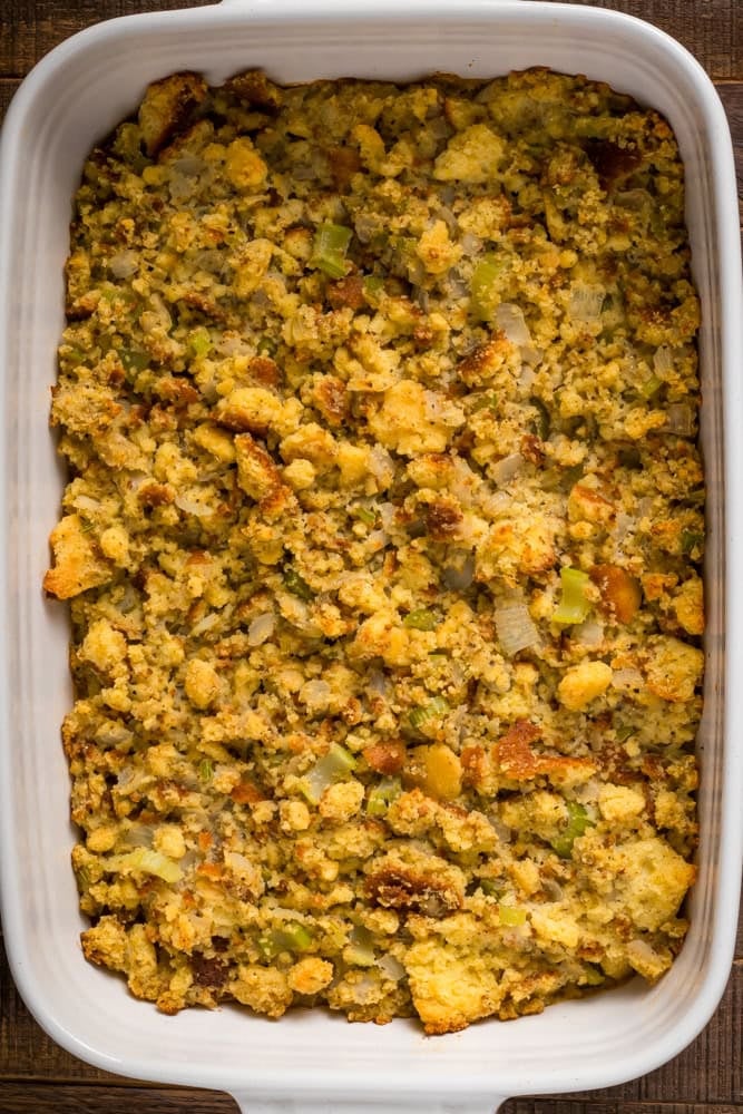 Overhead shot of Southern cornbread dressing in the entire baking dish