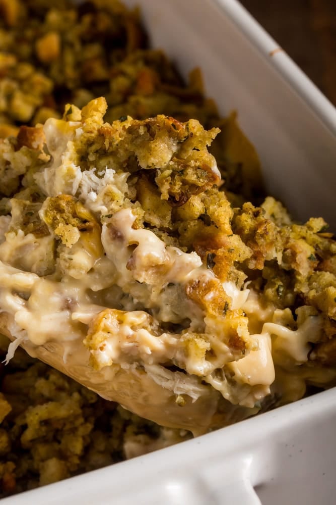 Chicken and stuffing casserole with a serving removed