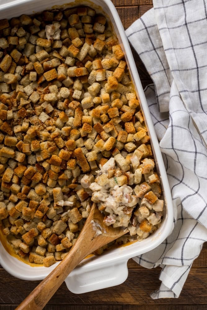 overhead of the chicken and stuffing casserole dish on table