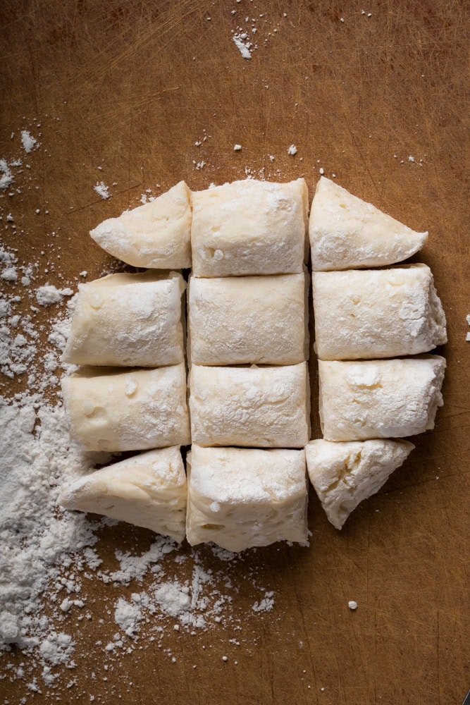 canned biscuit strips cut into 12 pieces for chicken and dumplings