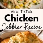 Pinterest pin for Chicken Cobbler showing creamy chicken and vegetables topped with a golden biscuit crust.