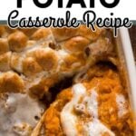 Pinterest pin for Candied Sweet Potato Casserole showing mashed sweet potatoes topped with toasted marshmallows.
