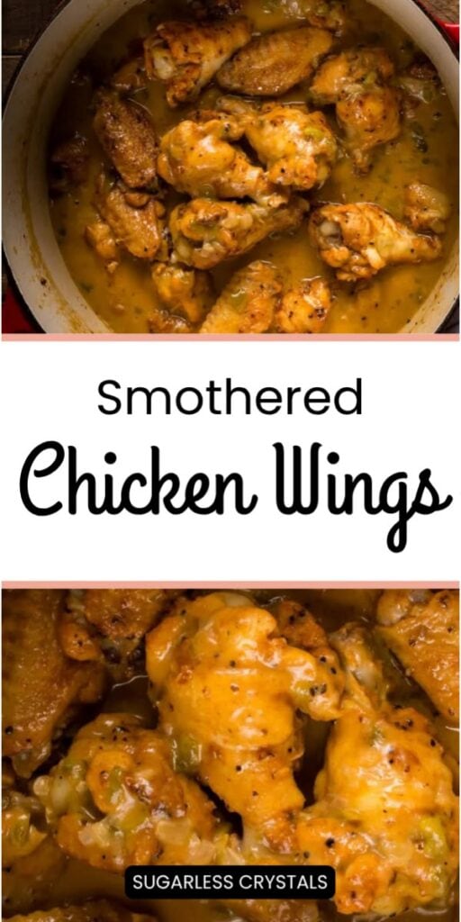 Pinterest pin for Smothered Chicken Wings showing browned chicken wings coated in savory gravy.