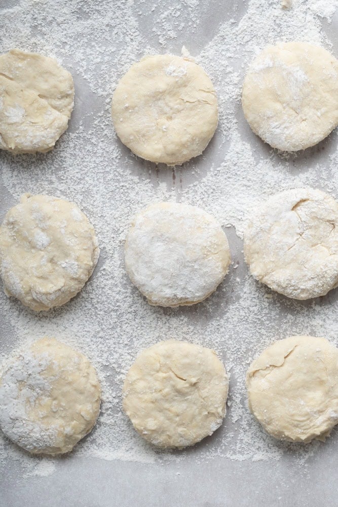 Nine rounds of homemade biscuit dough dusted with flour and arranged on a floured work surface.